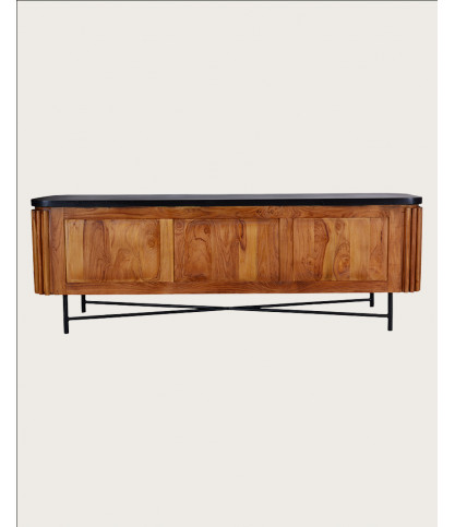 Haussman - Meuble tv rétro en teck massif recyclé et plateau laqué noir 160 cm