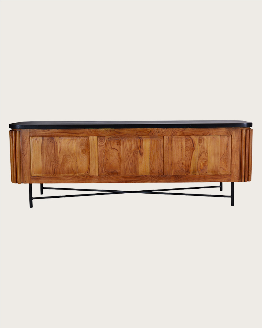 Haussman - Meuble tv rétro en teck massif recyclé et plateau laqué noir 160 cm