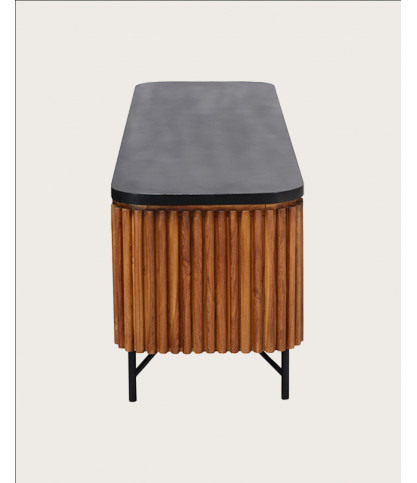 Haussman - Meuble tv rétro en teck massif recyclé et plateau laqué noir 160 cm