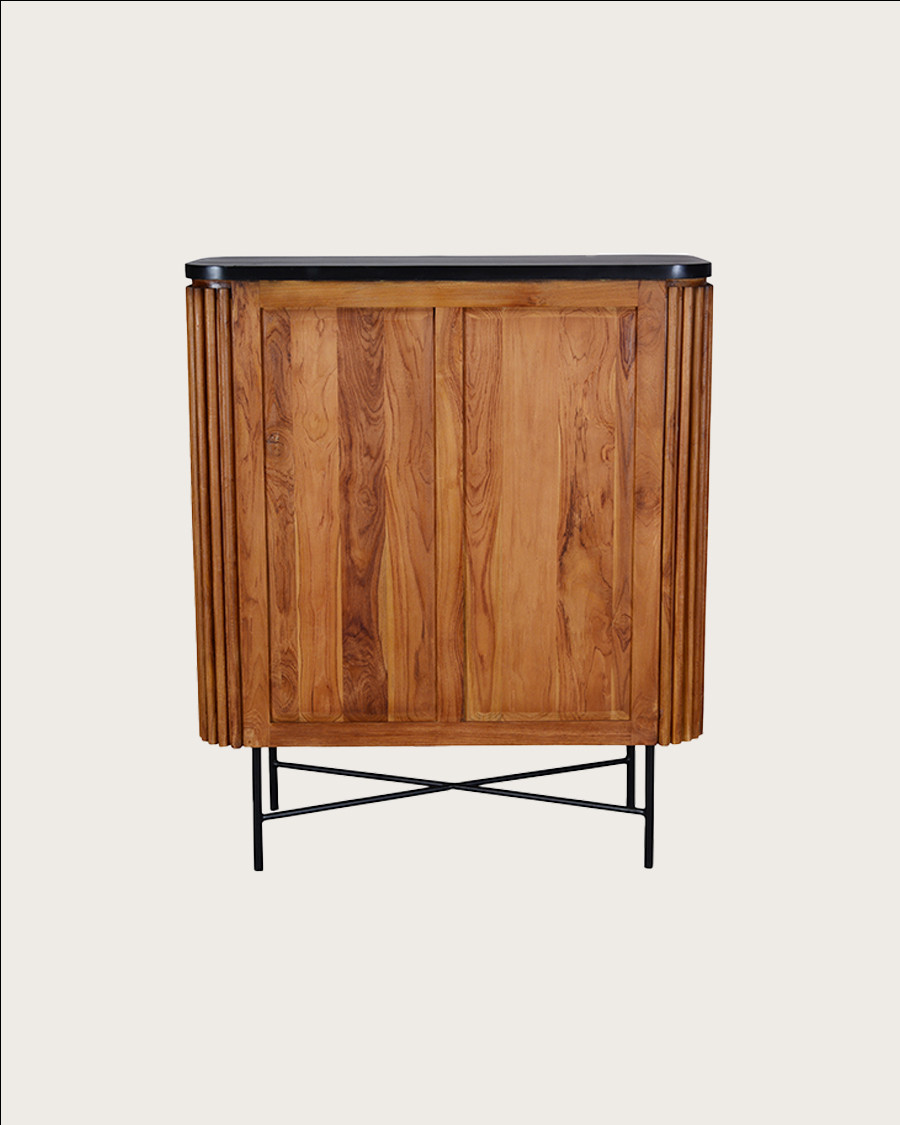 Haussman - Buffet 2 portes en teck recyclé et plateau laqué noir