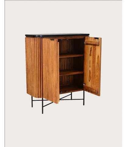 Haussman - Buffet 2 portes en teck recyclé et plateau laqué noir