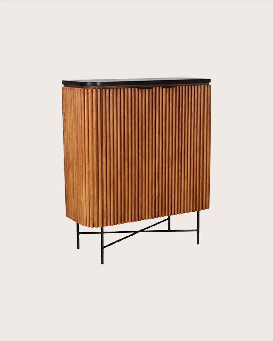 Haussman - Buffet 2 portes en teck recyclé et plateau laqué noir