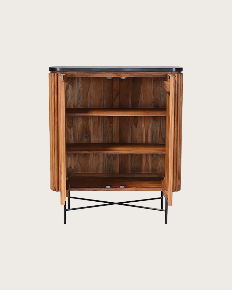 Haussman - Buffet 2 portes en teck recyclé et plateau laqué noir