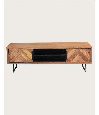Kappa - Meuble TV industriel en teck recyclé avec motif chevron et métal 160 cm