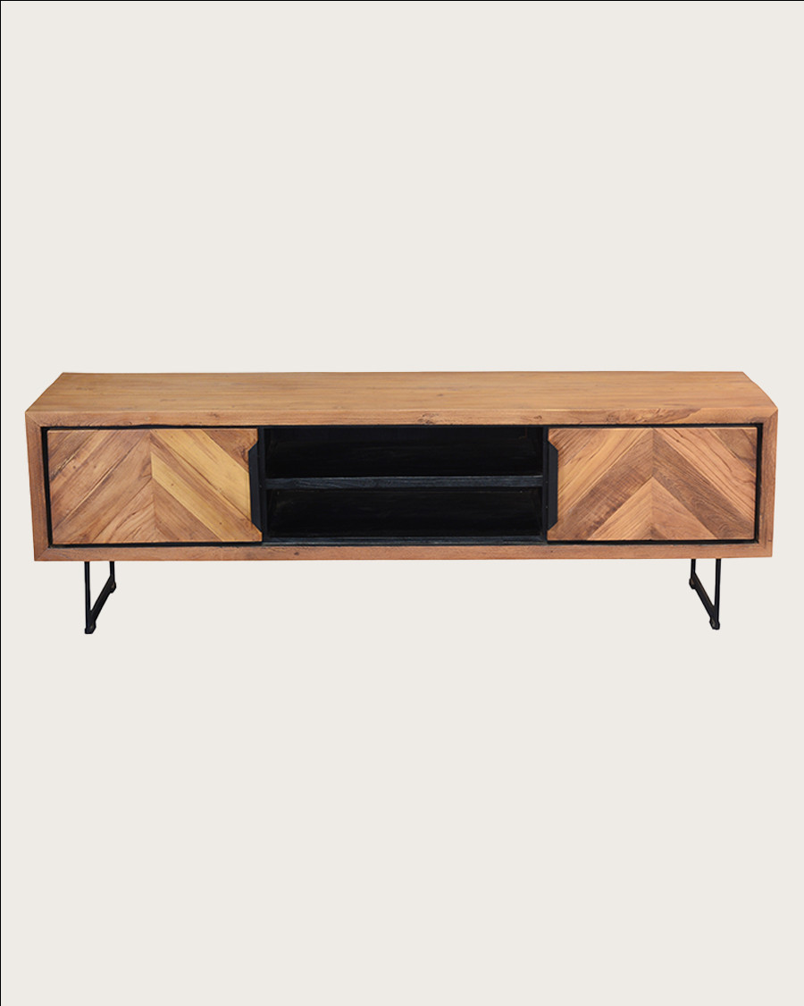 Kappa - Meuble TV industriel en teck recyclé avec motif chevron et métal 160 cm