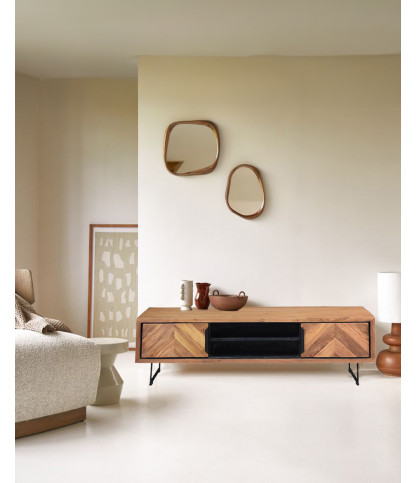 Kappa - Meuble TV industriel en teck recyclé avec motif chevron et métal 160 cm
