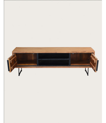 Kappa - Meuble TV industriel en teck recyclé avec motif chevron et métal 160 cm