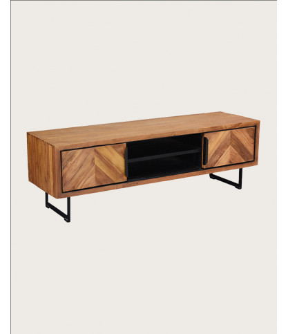 Kappa - Meuble TV industriel en teck recyclé avec motif chevron et métal 160 cm