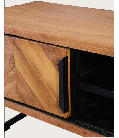 Kappa - Meuble TV industriel en teck recyclé avec motif chevron et métal 160 cm