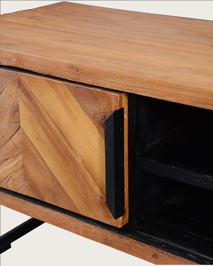 Kappa - Meuble TV industriel en teck recyclé avec motif chevron et métal 160 cm