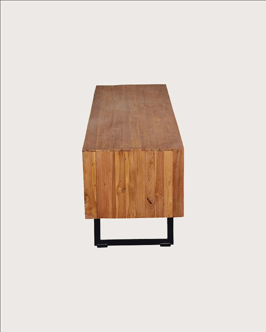 Kappa - Meuble TV industriel en teck recyclé avec motif chevron et métal 160 cm