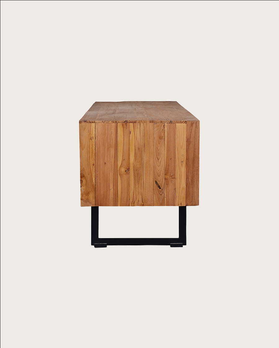 Kappa - Meuble TV industriel en teck recyclé avec motif chevron et métal 160 cm