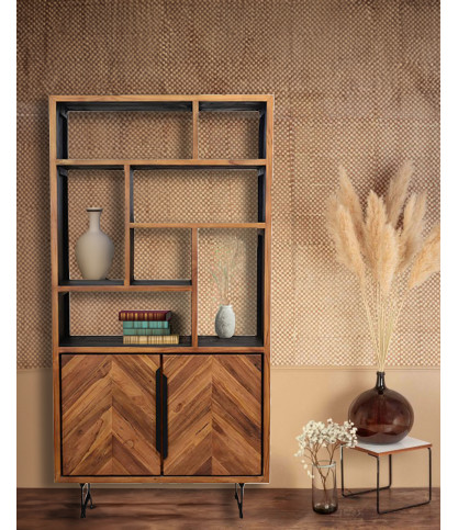 Kappa - Petite bibliothèque industrielle en teck maffis recyclé avec motif chevron 100 cm