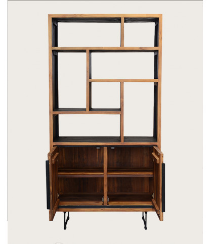 Kappa - Petite bibliothèque industrielle en teck maffis recyclé avec motif chevron 100 cm