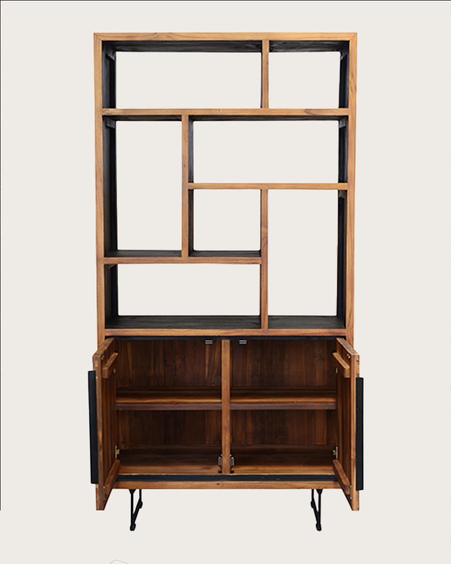 Kappa - Petite bibliothèque industrielle en teck maffis recyclé avec motif chevron 100 cm