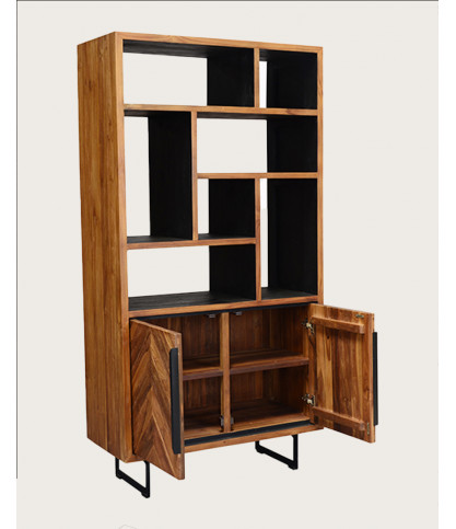 Kappa - Petite bibliothèque industrielle en teck maffis recyclé avec motif chevron 100 cm