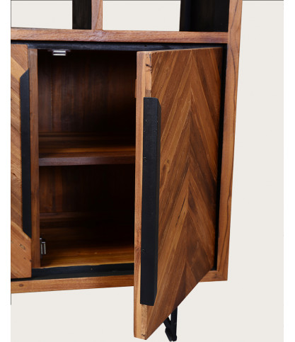 Kappa - Petite bibliothèque industrielle en teck maffis recyclé avec motif chevron 100 cm