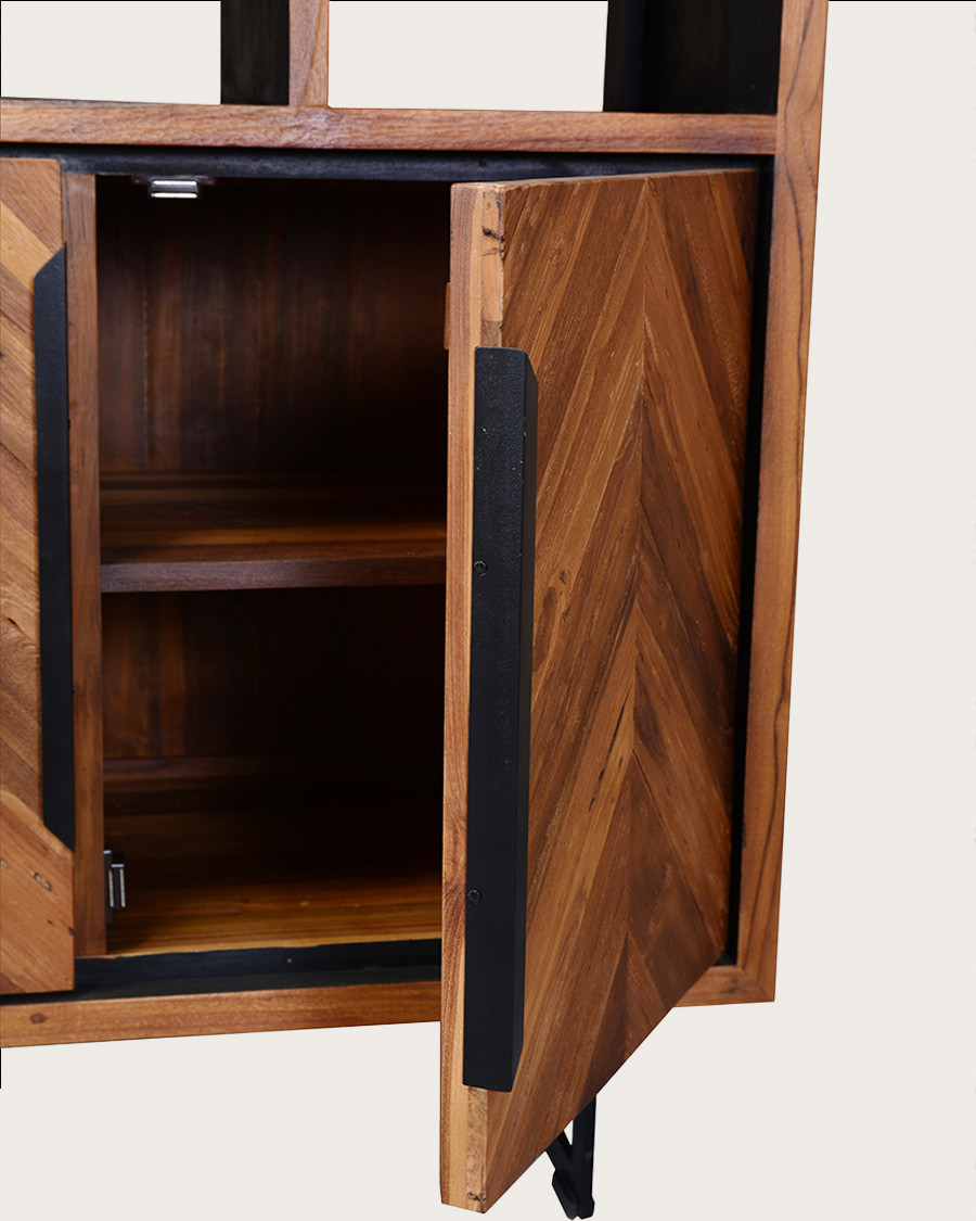 Kappa - Petite bibliothèque industrielle en teck maffis recyclé avec motif chevron 100 cm