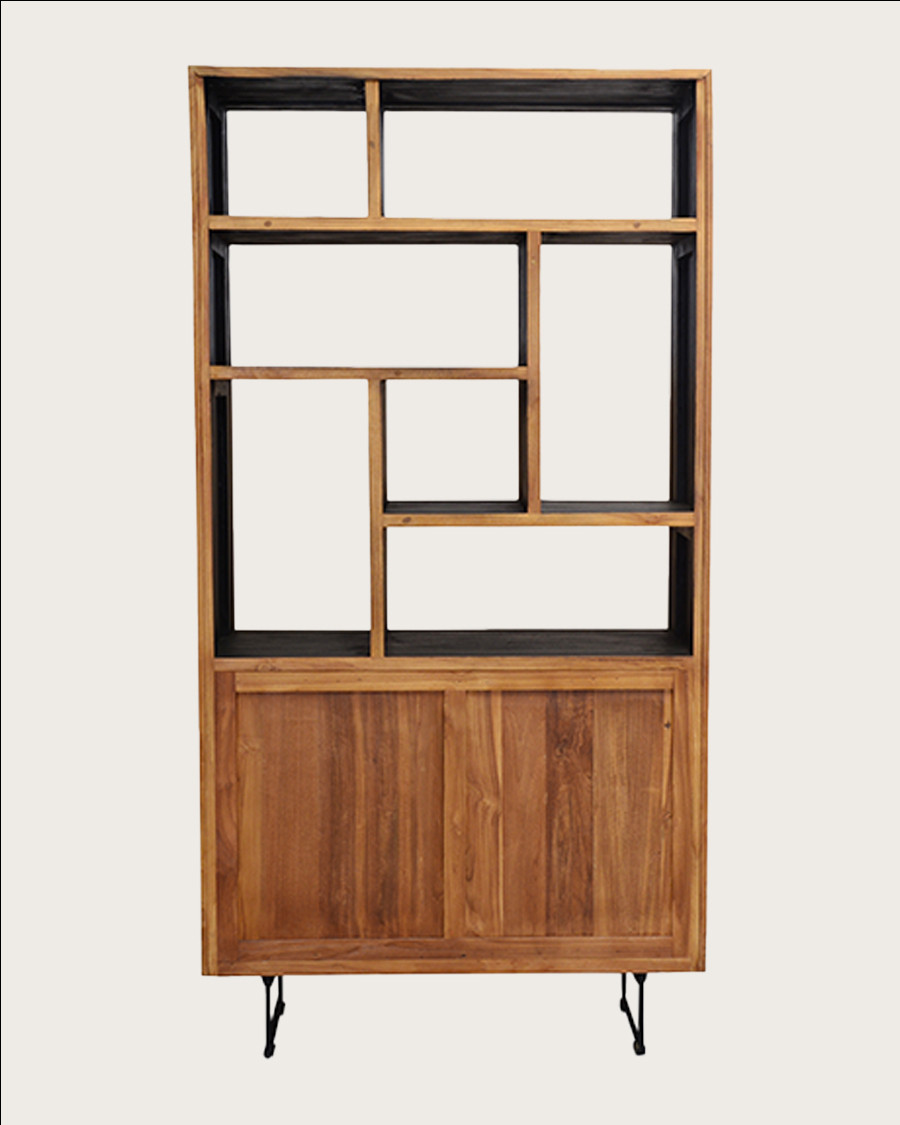 Kappa - Petite bibliothèque industrielle en teck maffis recyclé avec motif chevron 100 cm