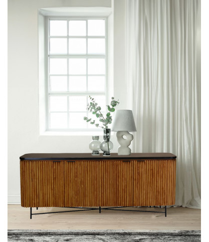 Haussman - Buffet rétro en bois de teck recyclé et plateau laqué noir