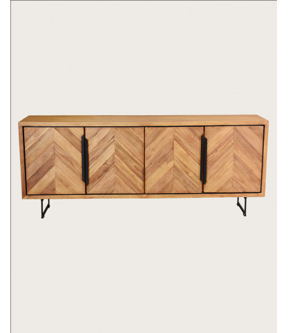 Kappa - Grand Buffet bas en teck recyclé avec motif chevron et métal 200 cm