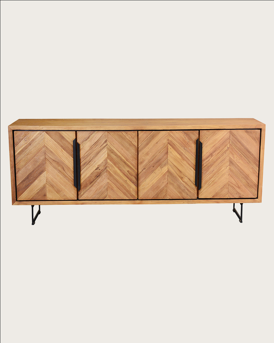 Kappa - Grand Buffet bas en teck recyclé avec motif chevron et métal 200 cm