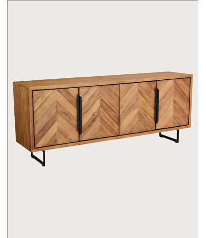 Kappa - Grand Buffet bas en teck recyclé avec motif chevron et métal 200 cm