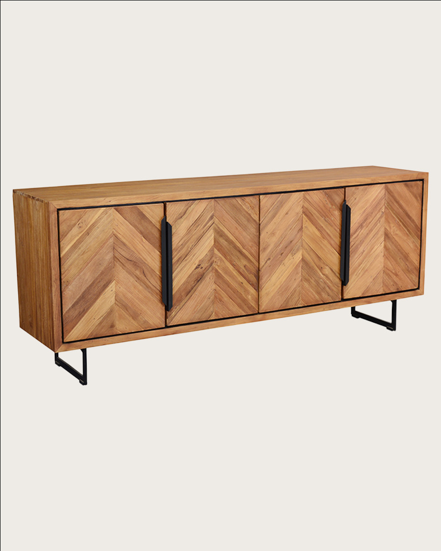 Kappa - Grand Buffet bas en teck recyclé avec motif chevron et métal 200 cm
