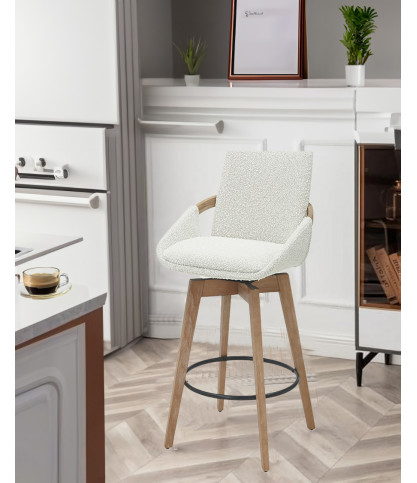 Saly - Chaise de bar en tissu bouclette et pieds en bois