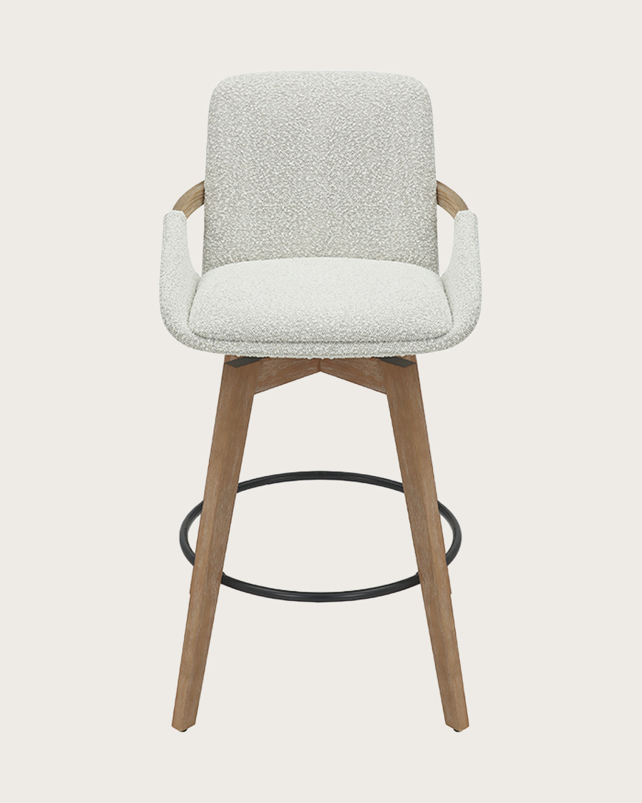 Saly - Chaise de bar en tissu bouclette et pieds en bois