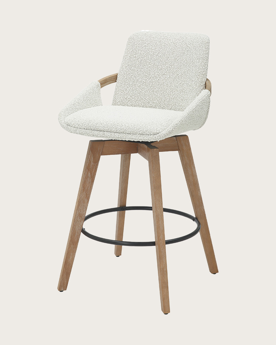 Saly - Chaise de bar en tissu bouclette et pieds en bois