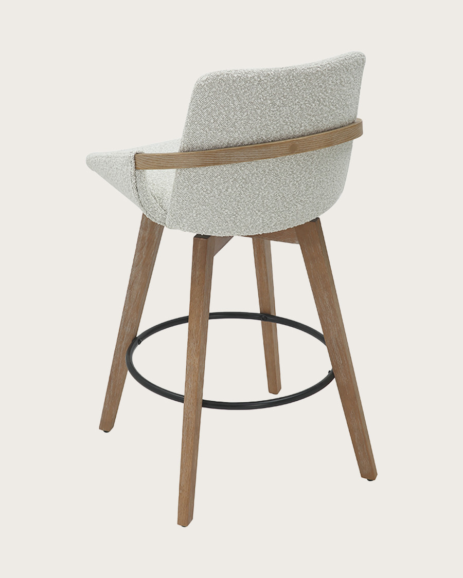 Saly - Chaise de bar en tissu bouclette et pieds en bois