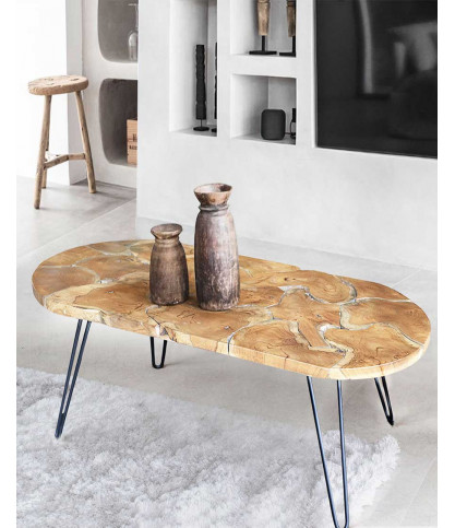 Carmen - Table basse ovale en puzzle de teck