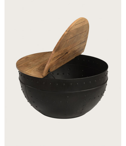 Lasco - Table basse coffre ronde en métal et bois