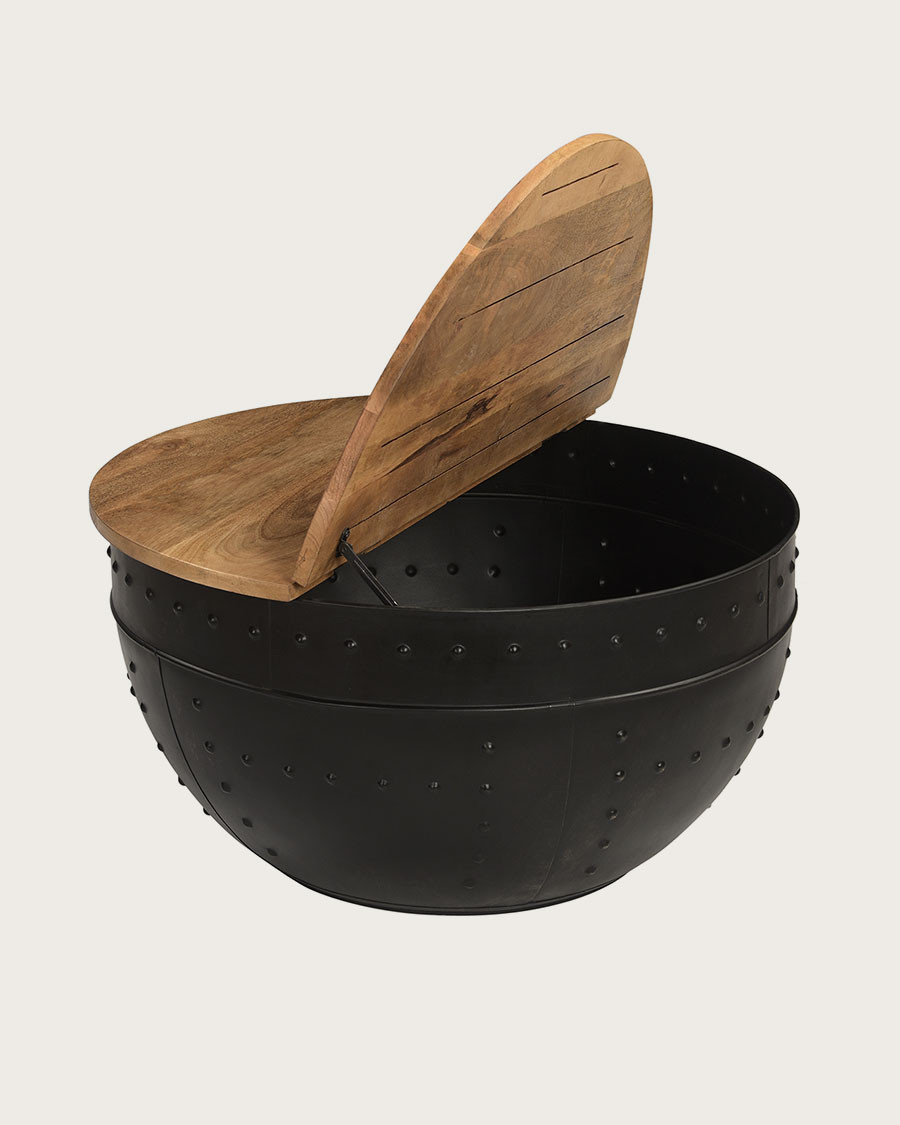 Lasco - Table basse coffre ronde en métal et bois