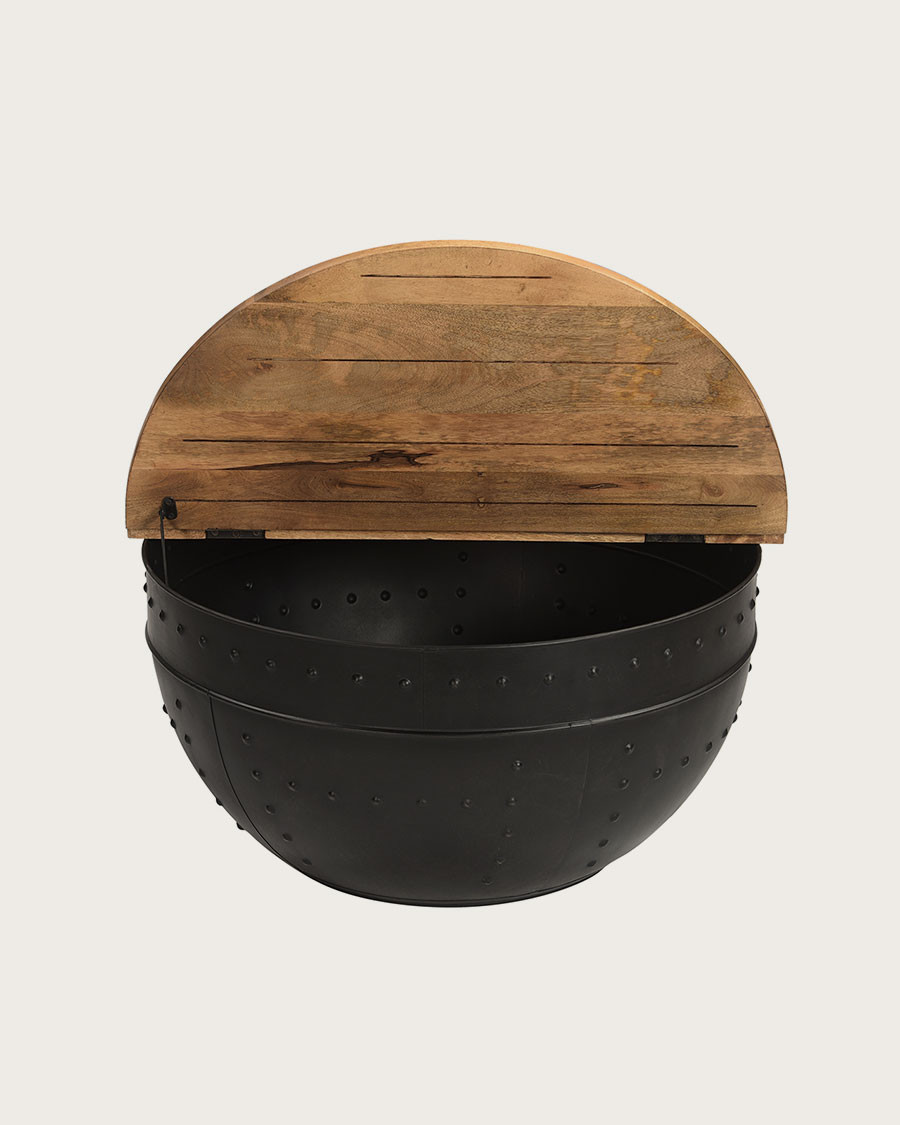 Lasco - Table basse coffre ronde en métal et bois