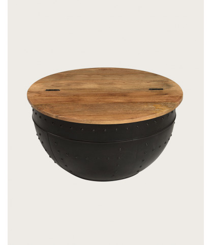 Lasco - Table basse coffre ronde en métal et bois