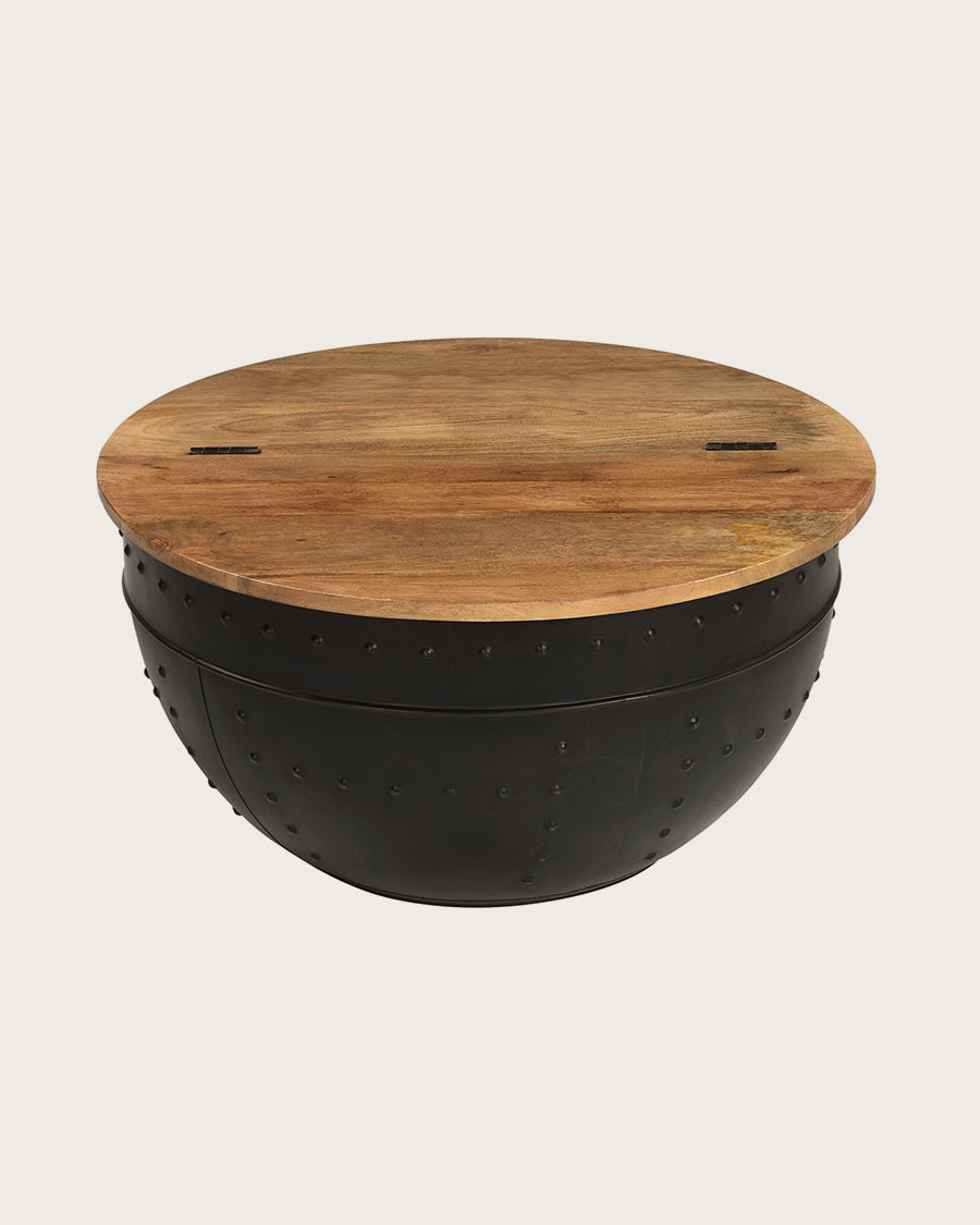 Lasco - Table basse coffre ronde en métal et bois