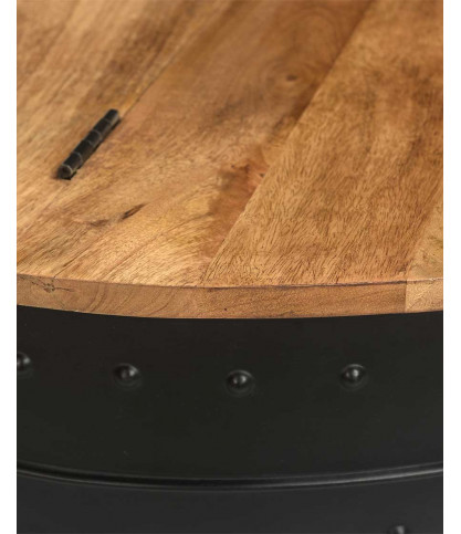 Lasco - Table basse coffre ronde en métal et bois