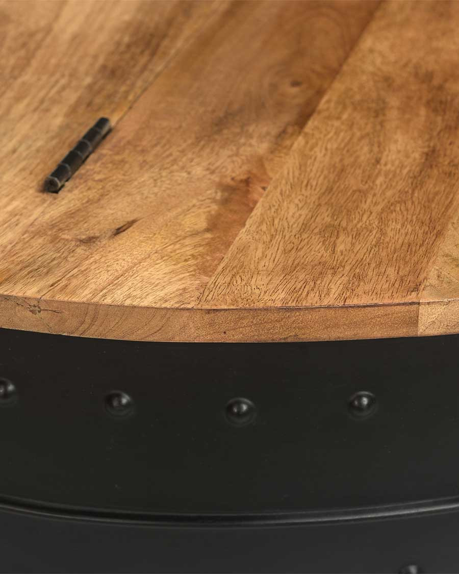 Lasco - Table basse coffre ronde en métal et bois