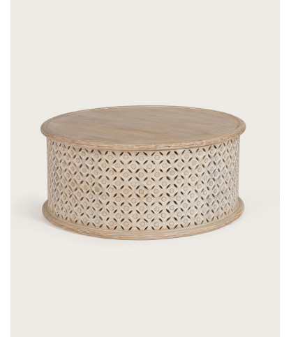 L'Orient - Table basse ronde en bois massif sculptée