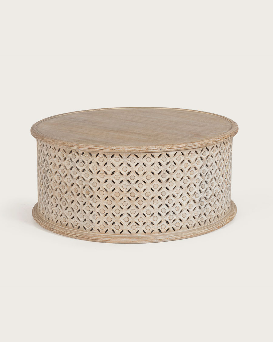 L'Orient - Table basse ronde en bois massif sculptée
