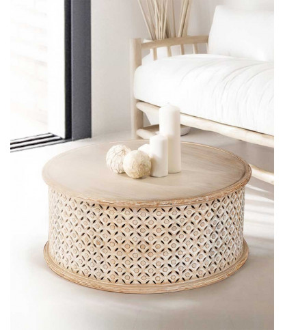 L'Orient - Table basse ronde en bois massif sculptée