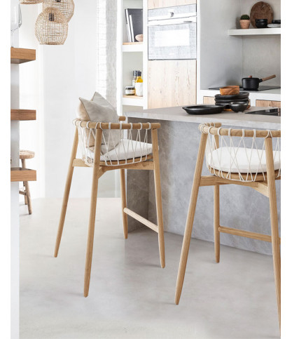 Tali - Chaise de bar en teck massif et corde blanche