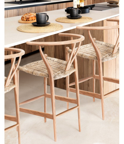Hirosi - Chaise de bar en teck massif et rotin