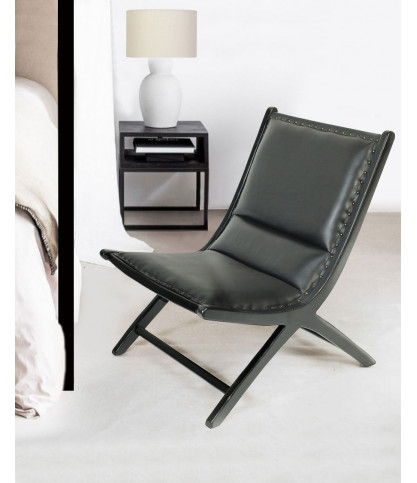 Safran - Fauteuil lounge en teck et cuir noir