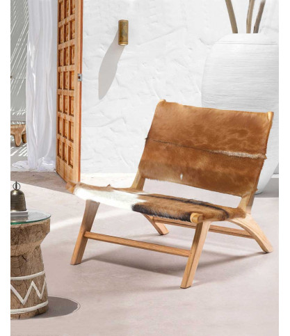 Alma -  Fauteuil en teck et peau de chèvre