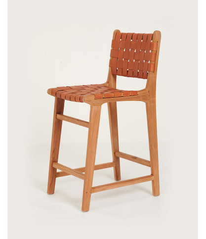 Ambra - Lot de 2 Chaise de bar en teck massif et cuir vachette tressé marron