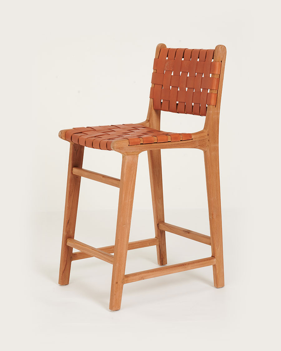 Ambra - Lot de 2 Chaise de bar en teck massif et cuir vachette tressé marron