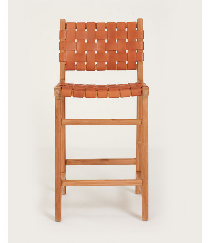 Ambra - Lot de 2 Chaise de bar en teck massif et cuir vachette tressé marron